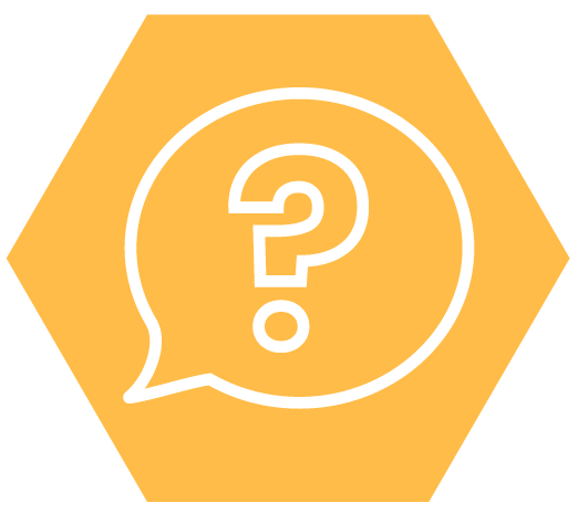 Yellow hexagon with a white conversation bubble with a question mark illustration in the middle