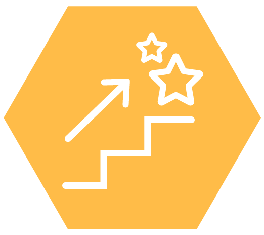 Yellow hexagon illustration with a white arrow above stairs pointing up toward two stars