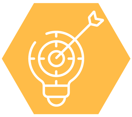 Yellow hexagon illustration with a white lightbulb in the center outlined as a target with an arrow going through the bullseye