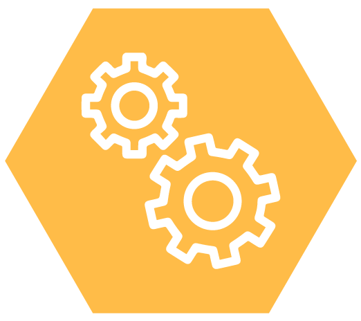 Yellow hexagon illustration with 2 white gears in the middle